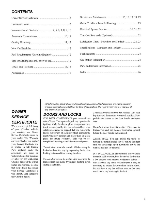1982 Checker Owners Manual Page 10